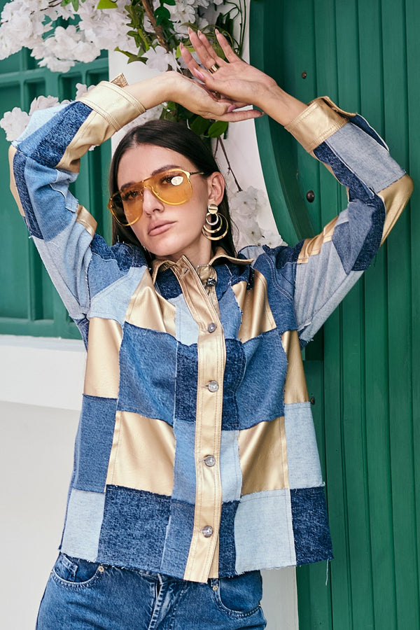 Patchwork Glam Denim & Satin Shirt