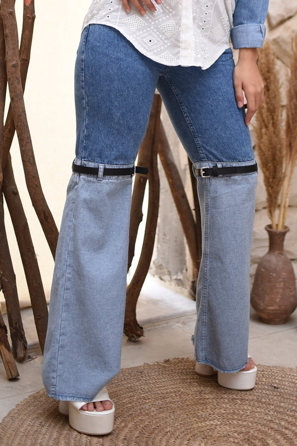 Dual-Tone Bold Buckle Flared Pants